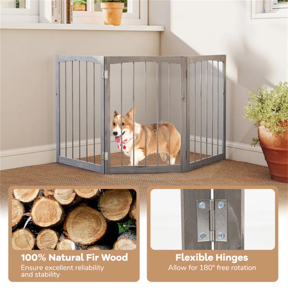 3-Panel Wooden Pet Fence – Gray, 63 x 30 in, Solid Fir Wood – view 6