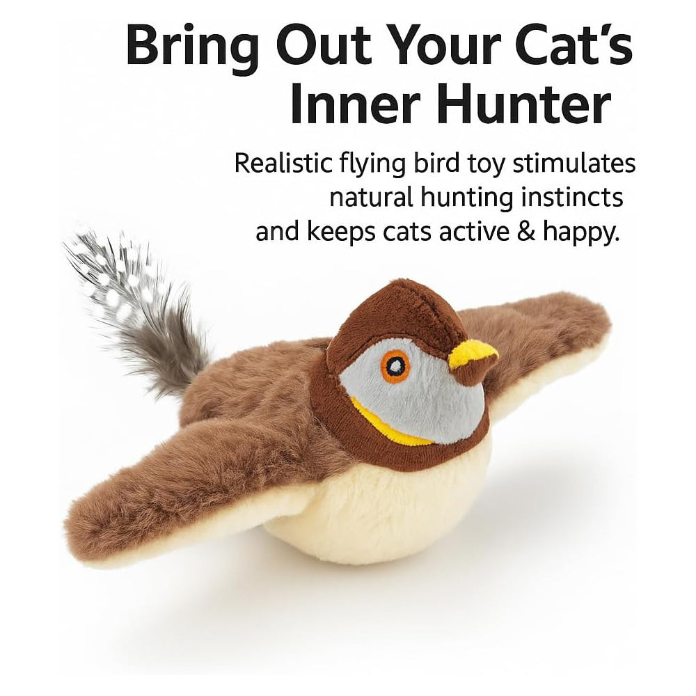USB Rechargeable Flapping Bird Cat Toy, Chirping Plush Sparrow with Real Feathers and Catnip โ view 5