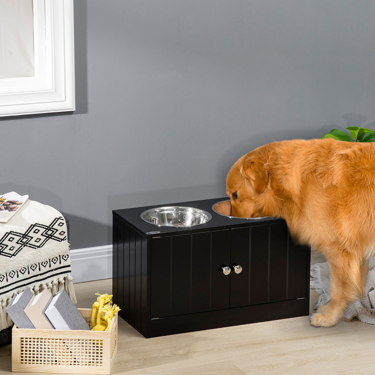 Elevated Dog Bowls with 44L Storage Cabinet & Magnetic Doors for Large Dogs, Black
