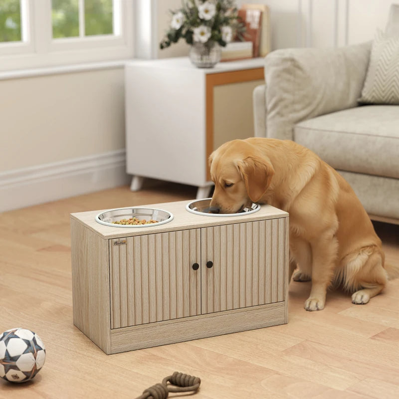 Elevated Dog Bowl Stand with Storage Drawer, 2 Stainless Steel Bowls & Slow Feeder Mat โ Oak