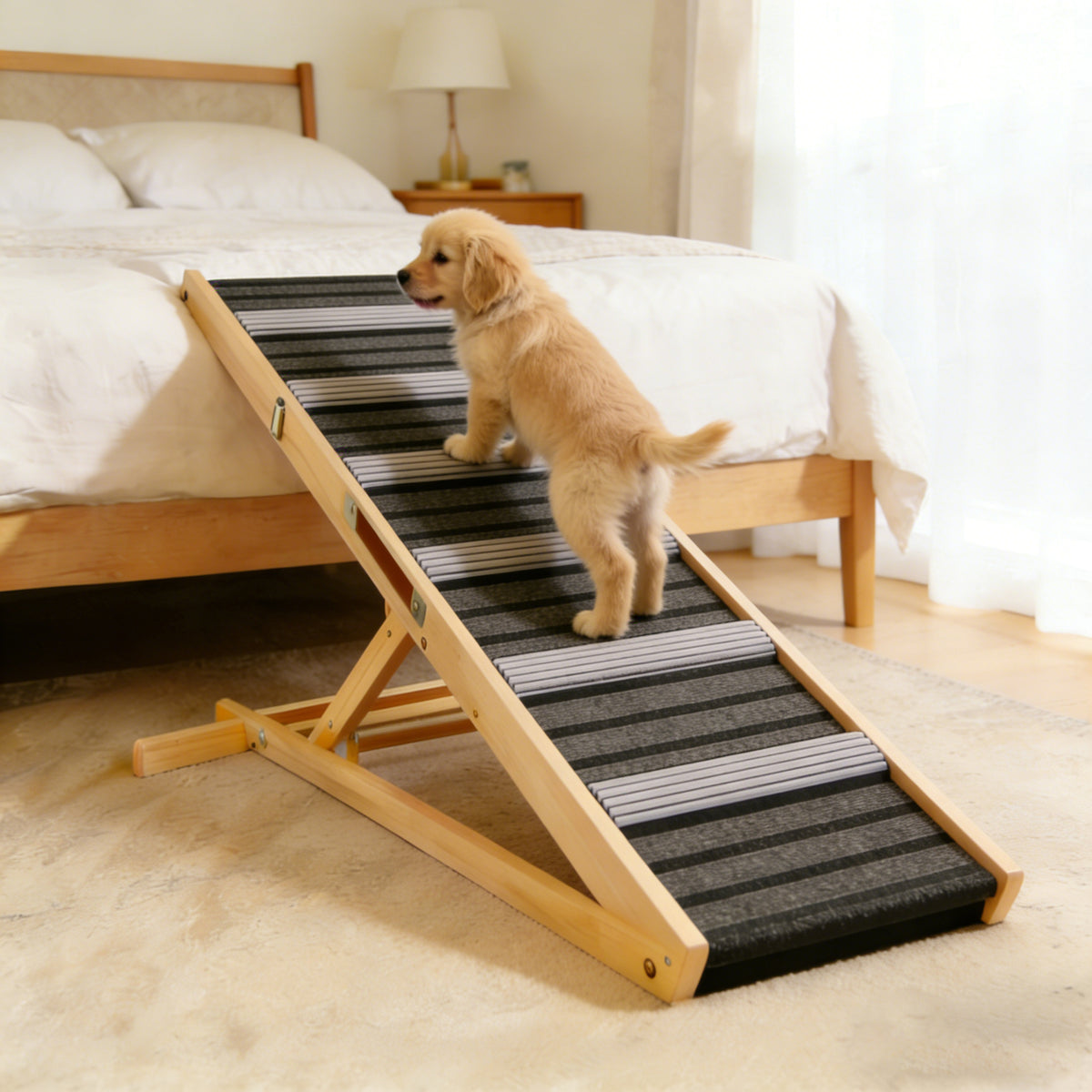 Adjustable Wooden Dog Ramp for Couch โ 6 Heights, Non-Slip Carpet, Portable Pet Steps, Natural Wood โ view 4