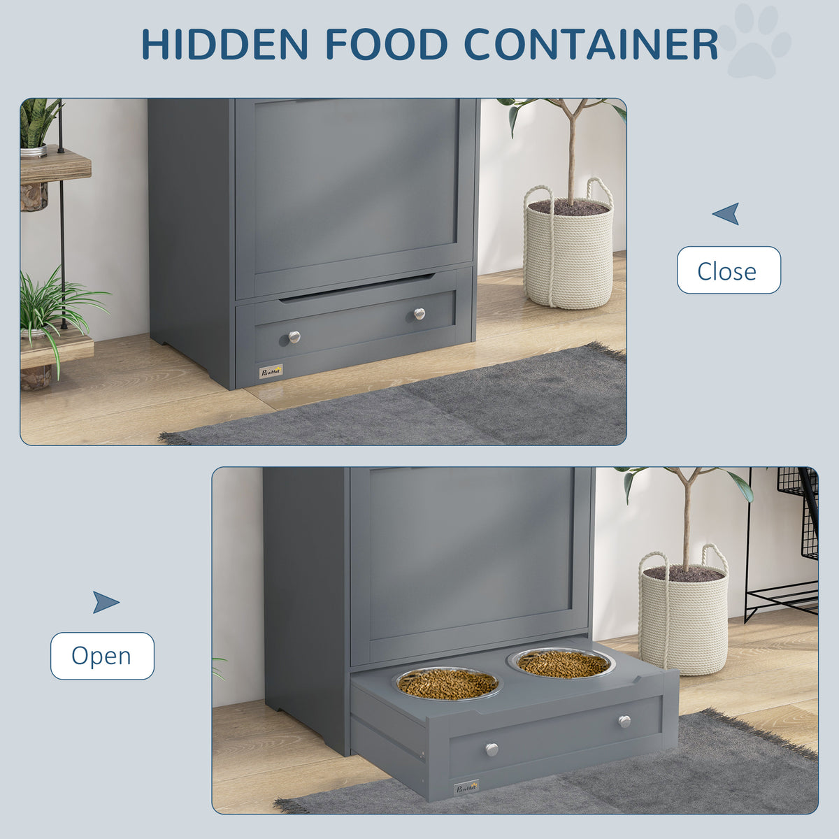 Pet Feeder Station Storage Cabinet with Pull-Out Raised Bowls, Shelf & Leash Hooks, Gray โ view 6