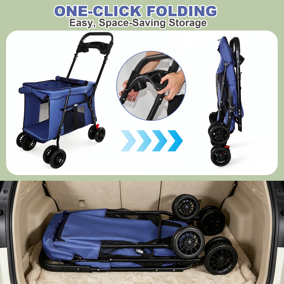 Foldable 4-Wheel Pet Stroller โ Breathable Mesh, Shockproof Wheels, Brakes, Holds 33 lbs, Navy Blue โ view 8