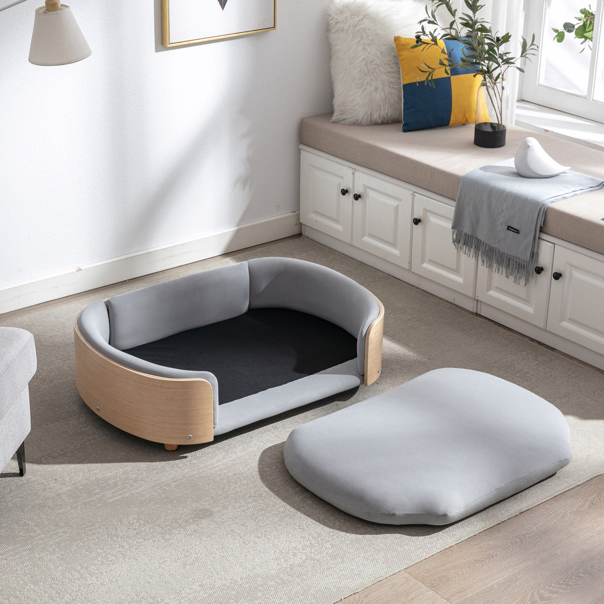 Scandinavian Elevated Dog Sofa Bed โ Solid Wood Legs, Bent Wood Back, Velvet Cushion, Light Grey