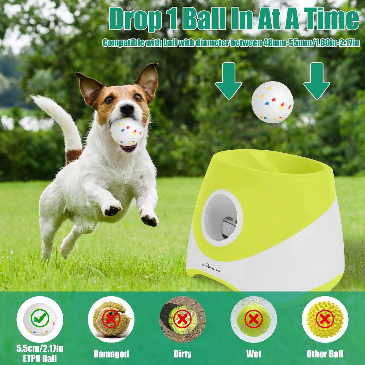 Automatic Dog Ball Launcher with 3 Distance Settings, Rechargeable, 6 Balls Included, Green โ view 10