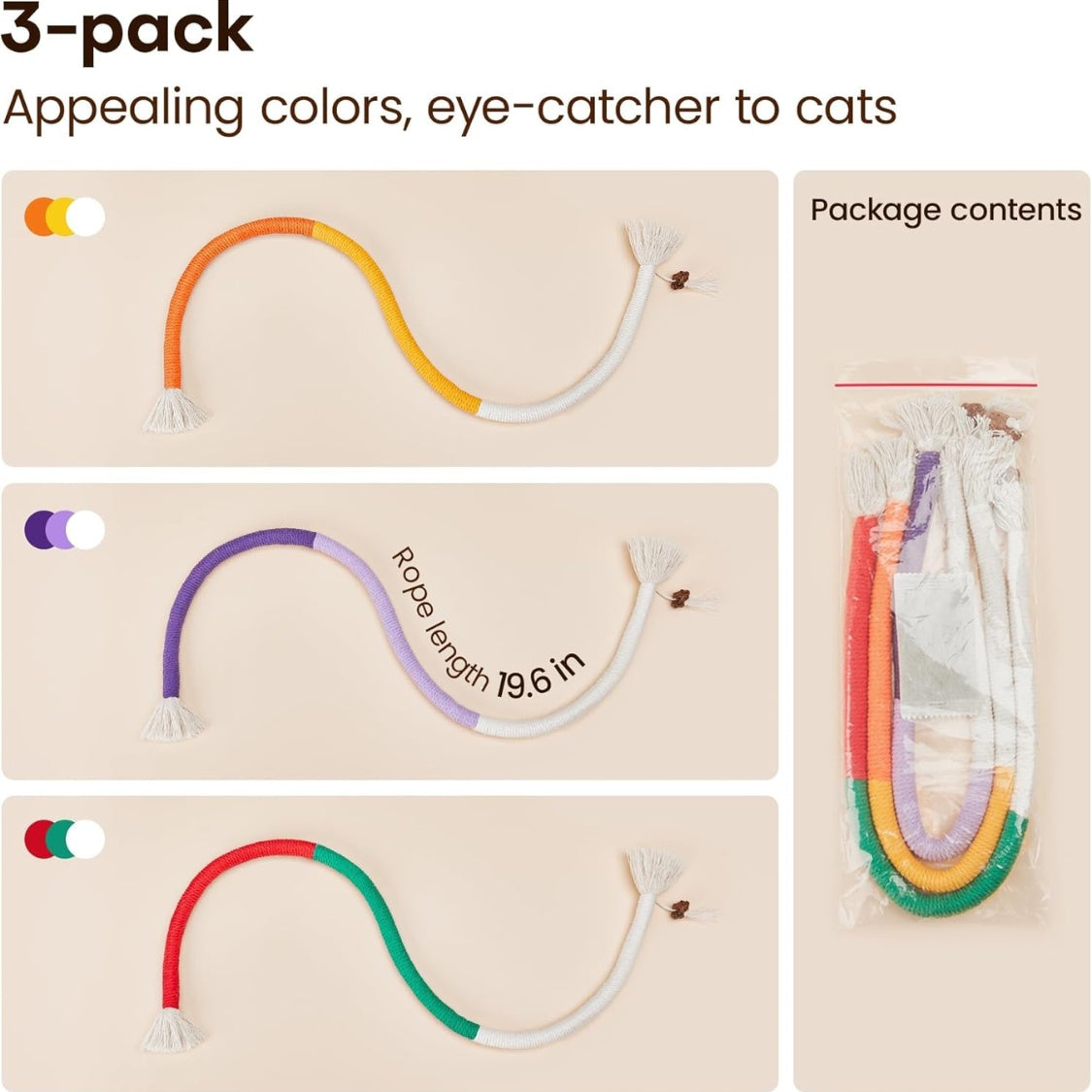 Cat Chew Rope Toys 3-Piece Set with Refillable Catnip Bag, Cotton Rope with Tassels โ view 3