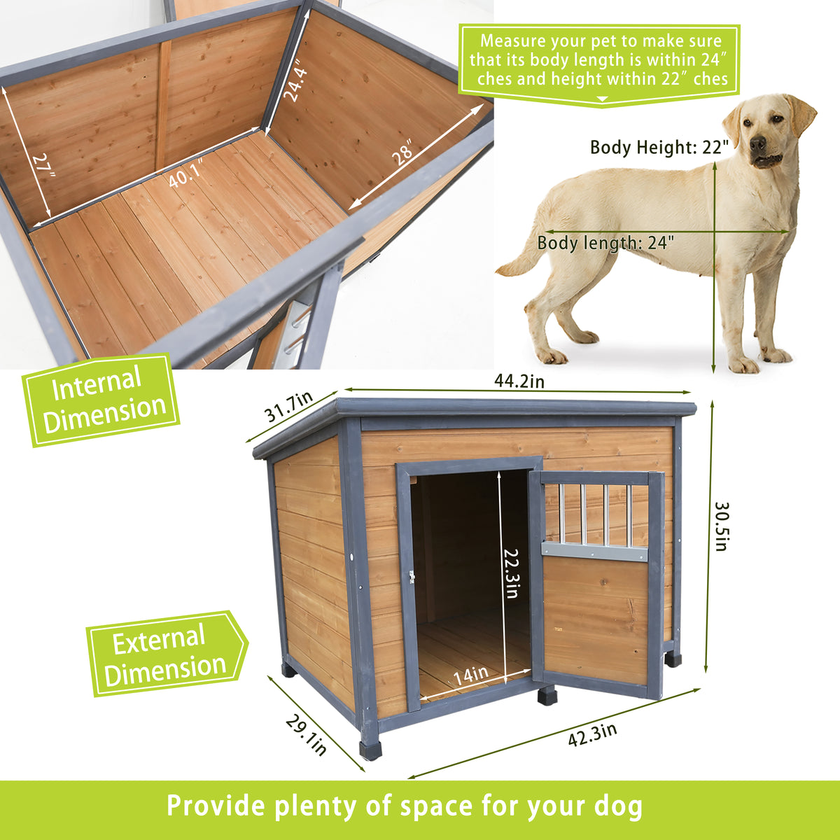 45 in Large Solid Wood Dog House โ Waterproof PVC Roof, Elevated Floor, Gray & Yellow โ view 6