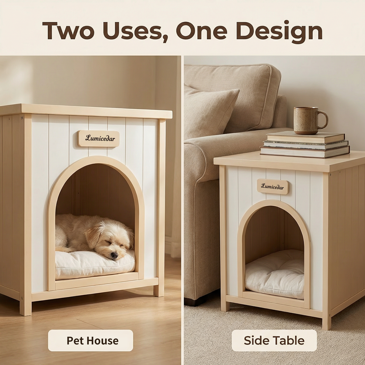 Solid Cedar Indoor Dog House โ Removable Cushion, Side Table Top, Cream White & Light Yellow โ view 5