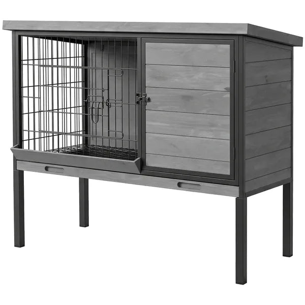 Wooden Rabbit Hutch with Run โ Elevated Small Animal Cage, Pull-Out Tray, Waterproof Roof, Gray โ view 2