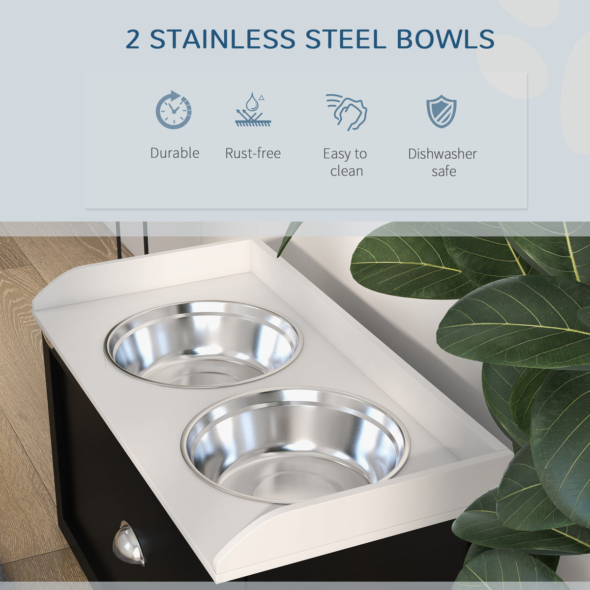 Elevated Dog Feeding Station with 21L Storage Drawer & 2 Stainless Steel Bowls, White and Black โ view 6