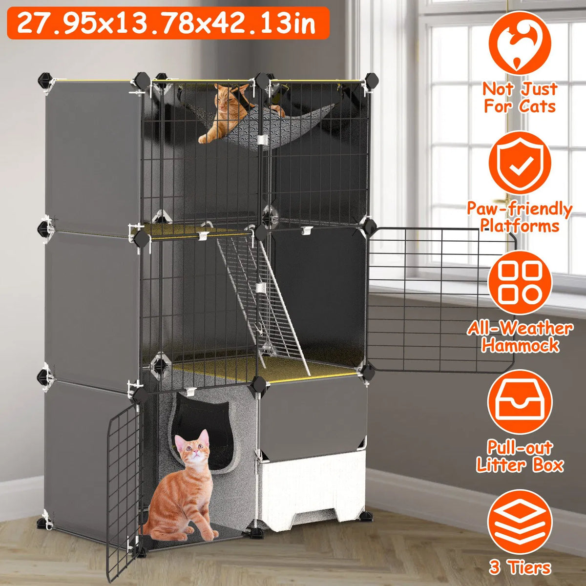3-Tier Indoor Cat Cage with Pull-Out Litter Drawer, Ladder & Reversible Hammock
