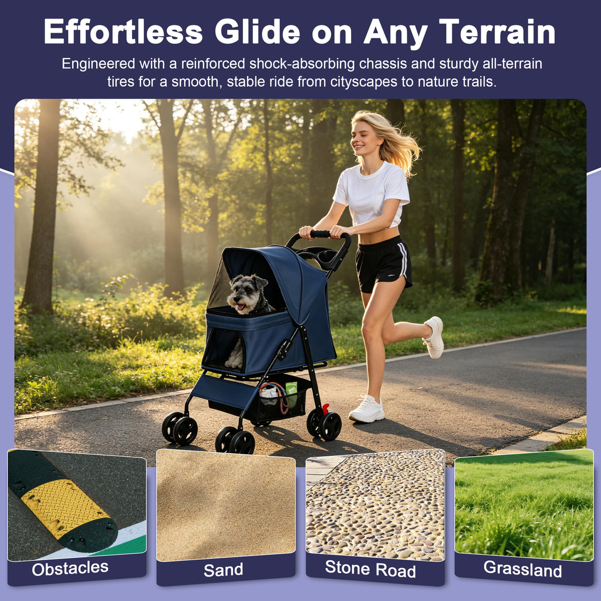 Foldable Pet Stroller for Small Dogs and Cats โ Up to 28 lbs, Tray, Storage Basket, 4 Wheels, Blue โ view 9