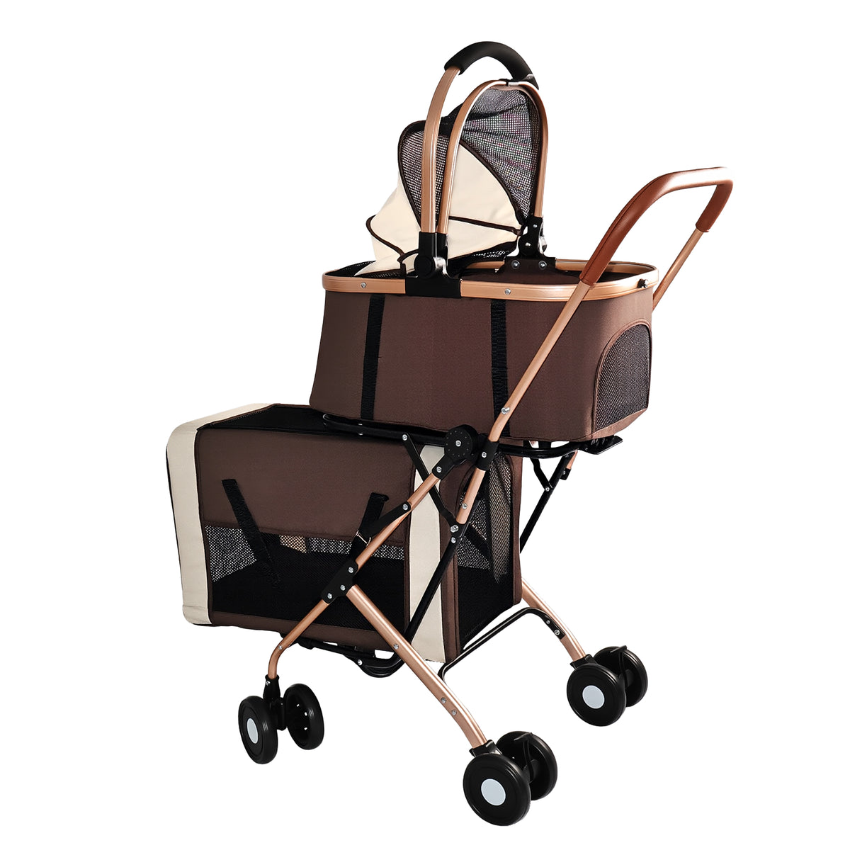 Double Pet Stroller for Dogs and Cats โ 3-in-1 Carrier & Tote, Shockproof Wheels, Brakes, Khaki โ view 3