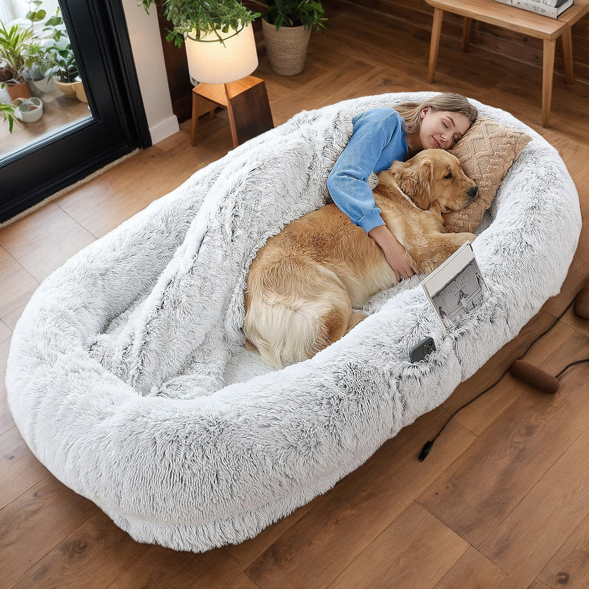 Human Dog Bed for People and Pets โ Washable Faux Fur Nap Bed, 71 x 45 x 14 in, Gray โ view 8