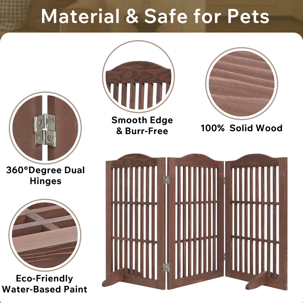 Foldable Wooden Dog Gate โ Freestanding 3-Panel Step-Over Fence with Support Braces, 30 In, Brown โ view 5