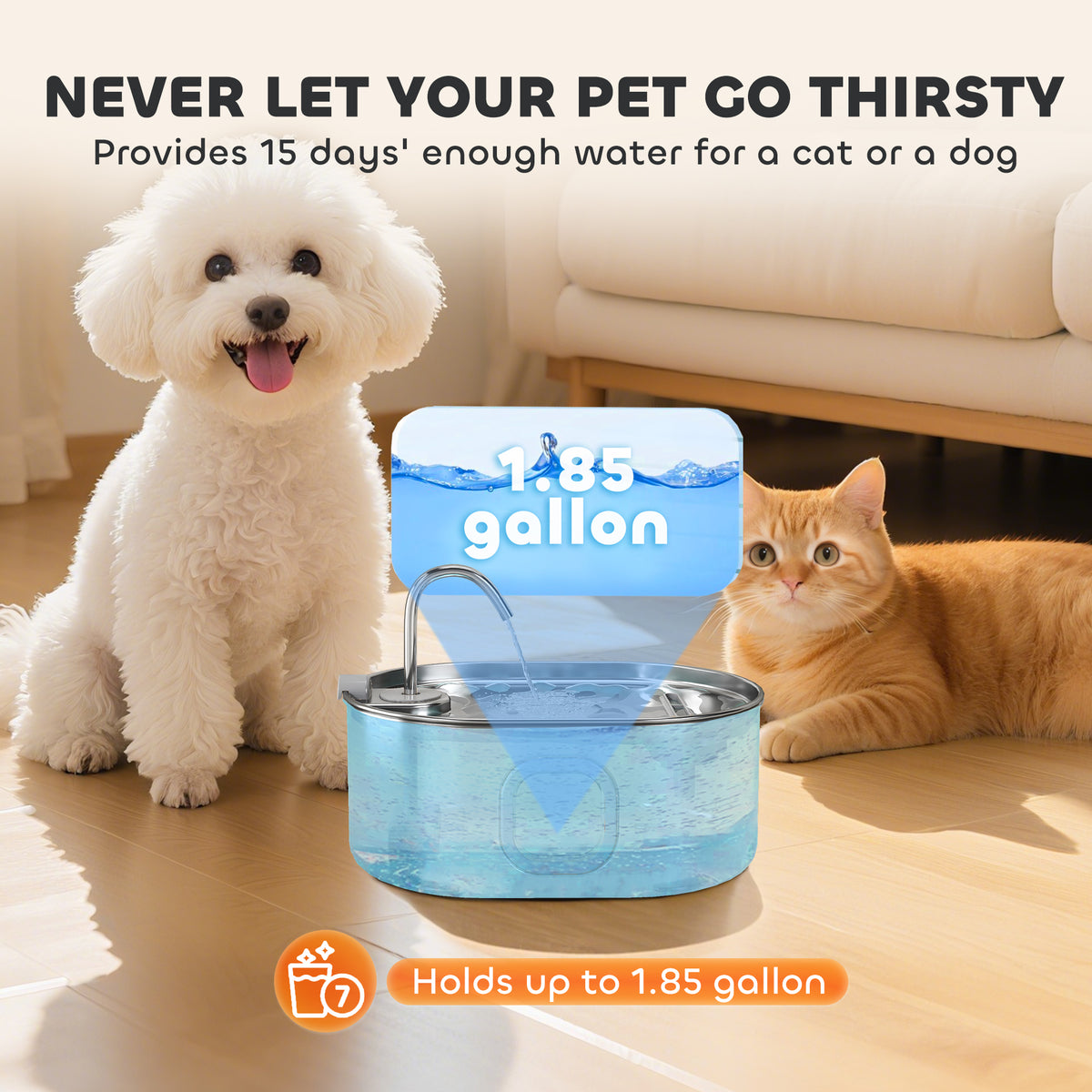 1.8 Gallon Stainless Steel Pet Water Fountain with Filter & Quiet Pump for Cats and Dogs โ view 6