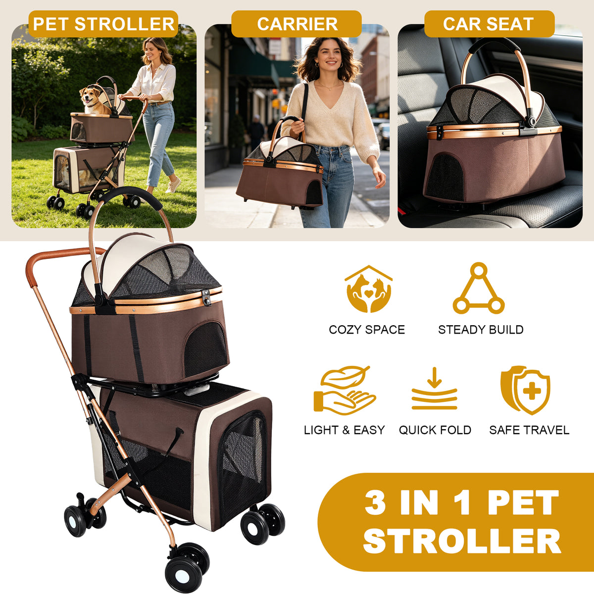 3-in-1 Double Pet Stroller – 2-Level Convertible Dog & Cat Stroller with Detachable Carrier & Tote – view 6