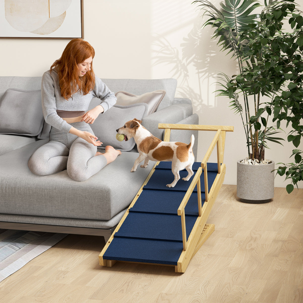 Adjustable Height Wooden Dog Ramp โ Foldable Pine Pet Steps with Non-Slip Mat, 4 Levels โ view 2