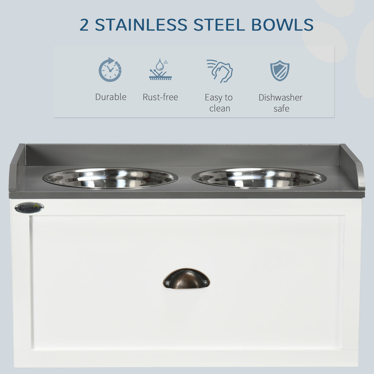 Elevated Dog Feeding Station with Sliding Storage Drawer – 2 Stainless Steel Bowls, White – view 6