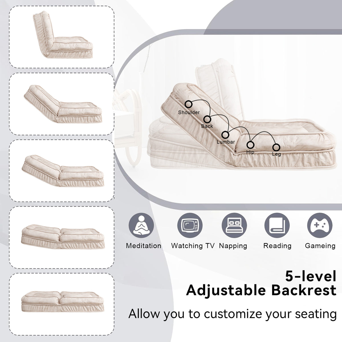 Human Dog Bed Floor Sofa โ 5-Position Adjustable Backrest, Velvet, Massage Cushion, 2 Pillows, Beige โ view 4