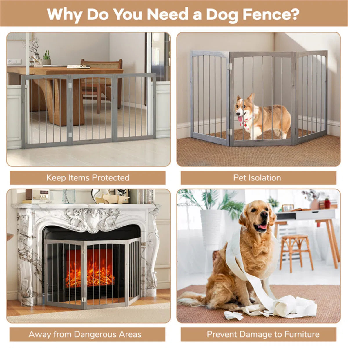 3-Panel Wooden Pet Fence – Gray, 63 x 30 in, Solid Fir Wood – view 8