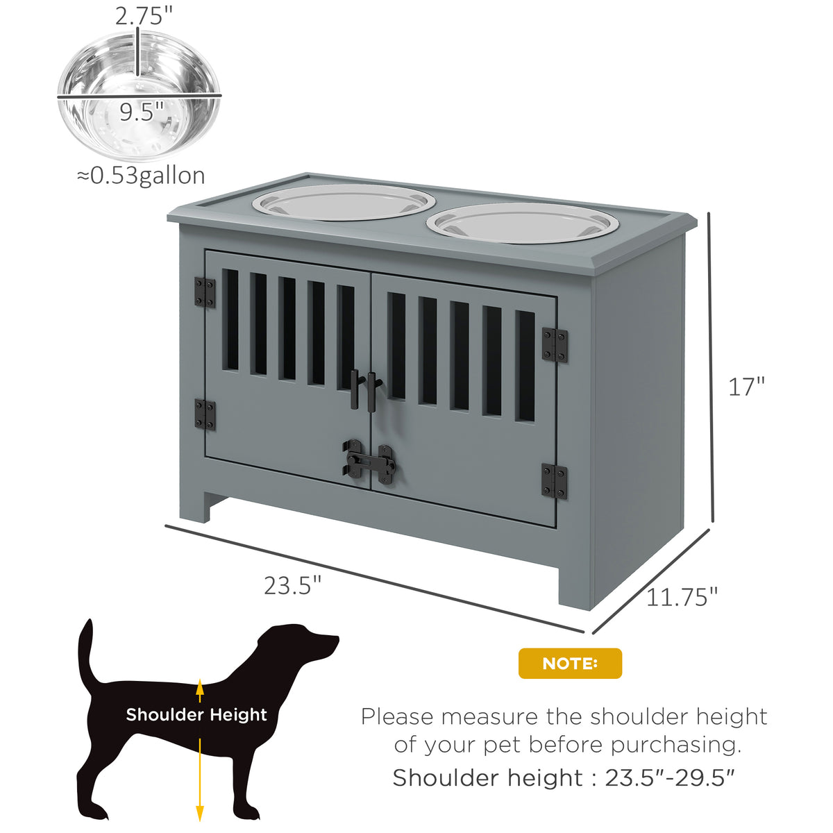 Raised Dog Feeding Station with 37L Storage Cabinet & 2 Stainless Steel Bowls, Gray โ view 3
