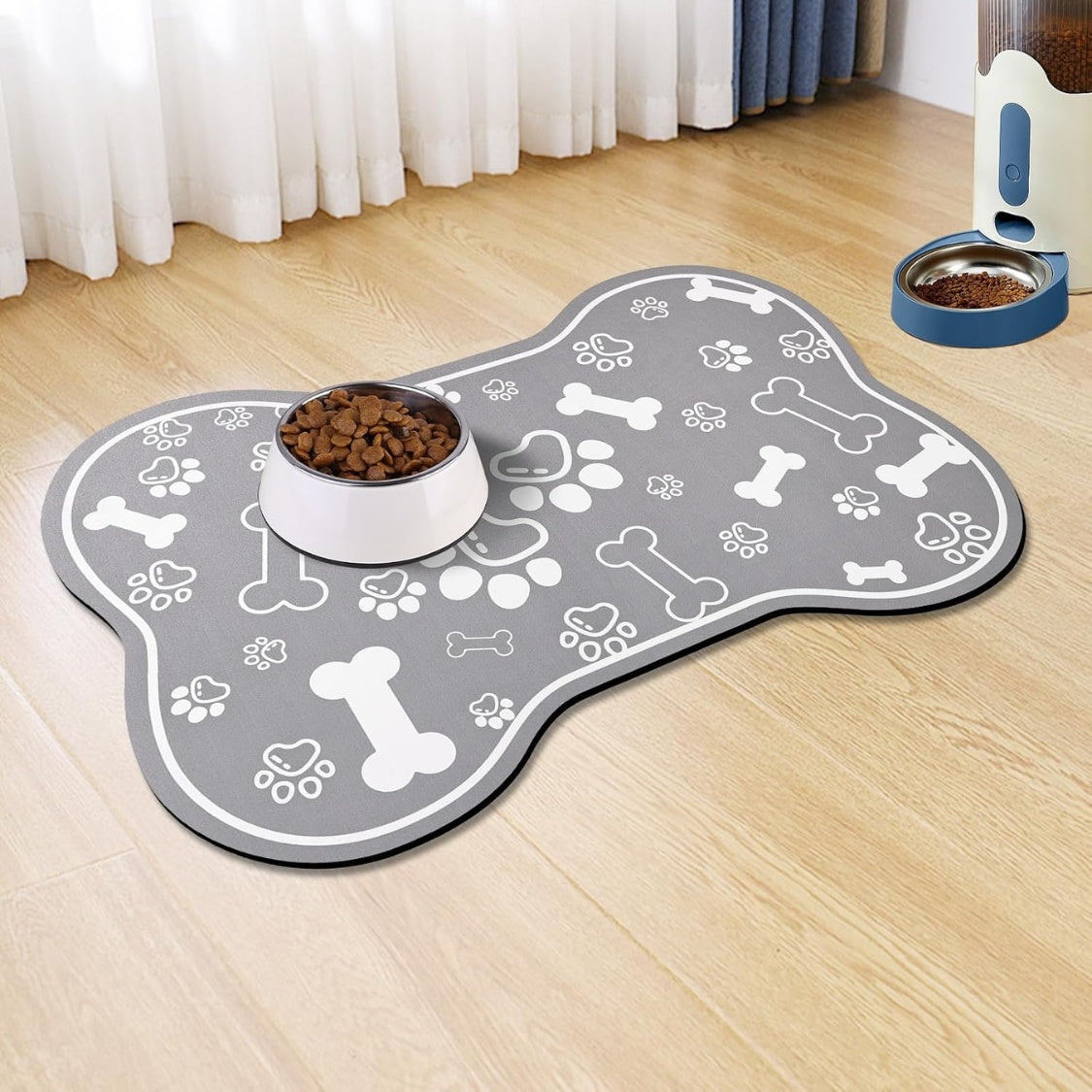 Bone-Shaped Absorbent Pet Feeding Mat with Rubber Non-Slip Backing, Grey