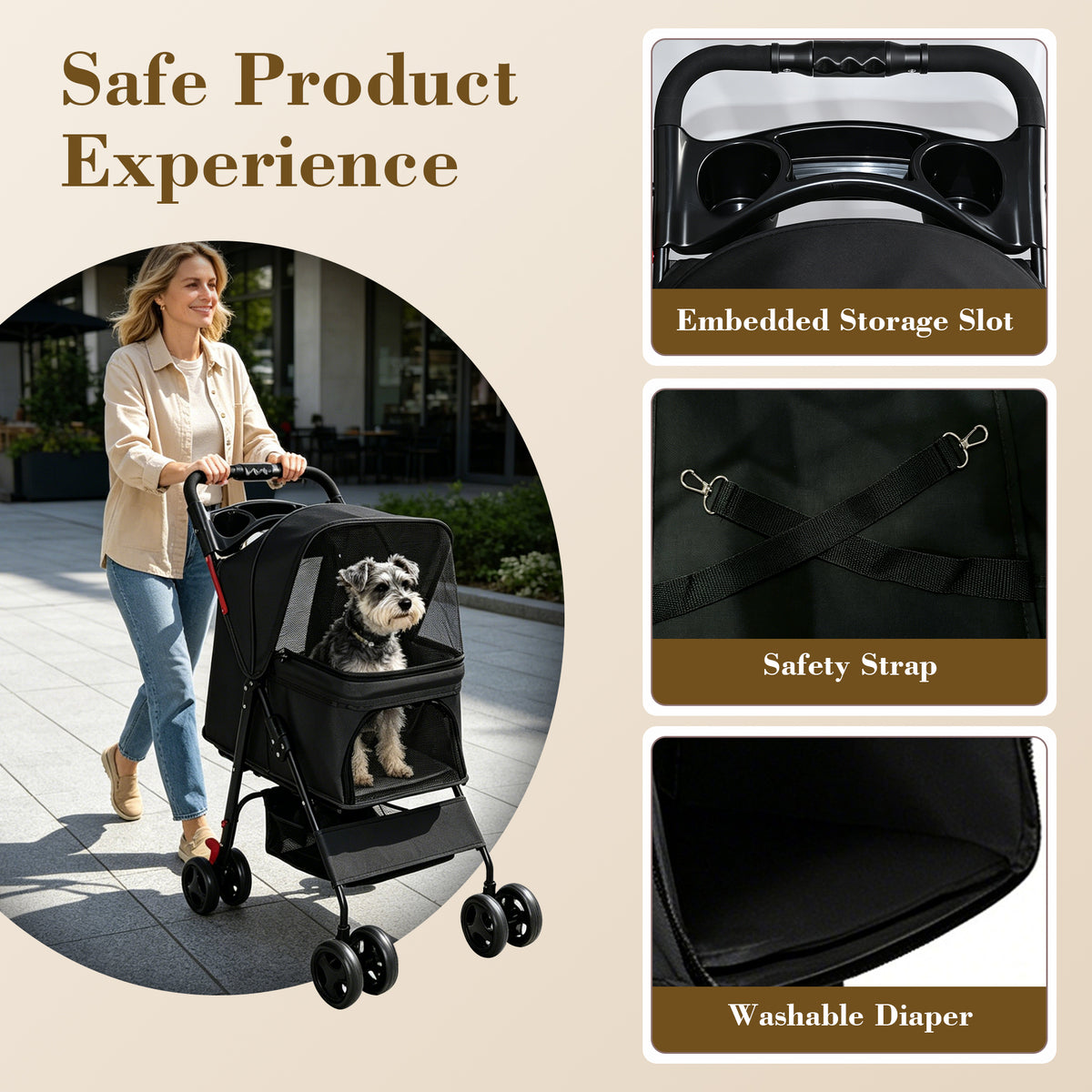 Foldable Pet Stroller for Small Dogs and Cats โ One-Hand Fold, Tray, Storage Basket, Black โ view 7