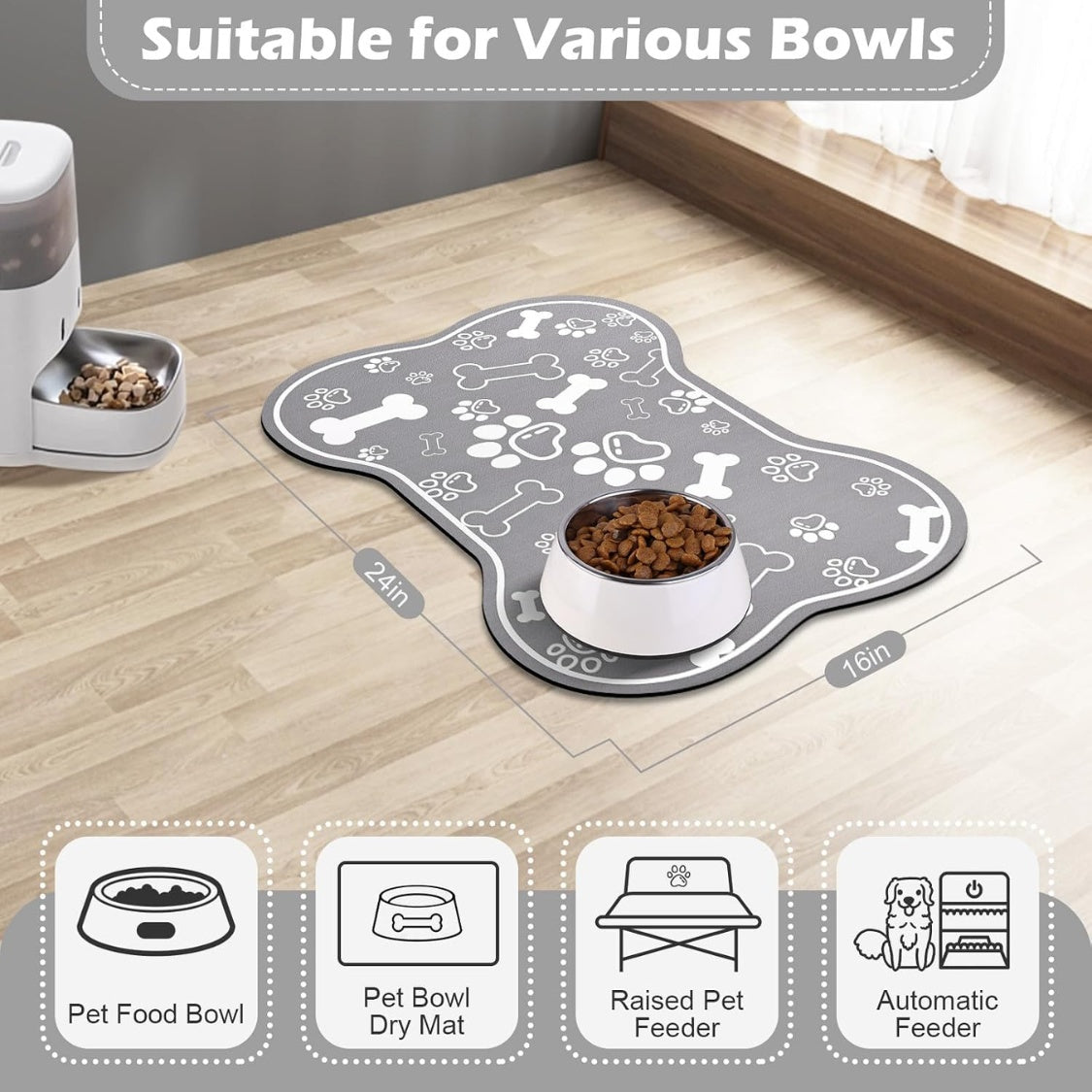 Bone-Shaped Absorbent Pet Feeding Mat with Rubber Non-Slip Backing, Grey โ view 2