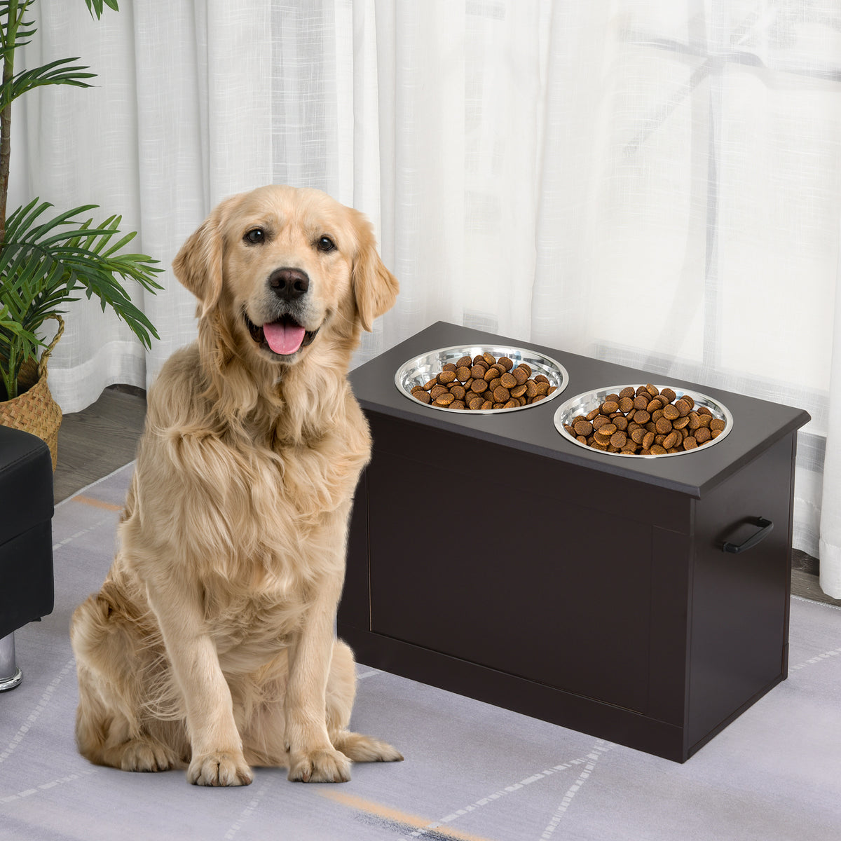 Raised Dog Feeding Station with Hidden Storage & 2 Stainless Steel Bowls for Large Dogs, Coffee โ view 2