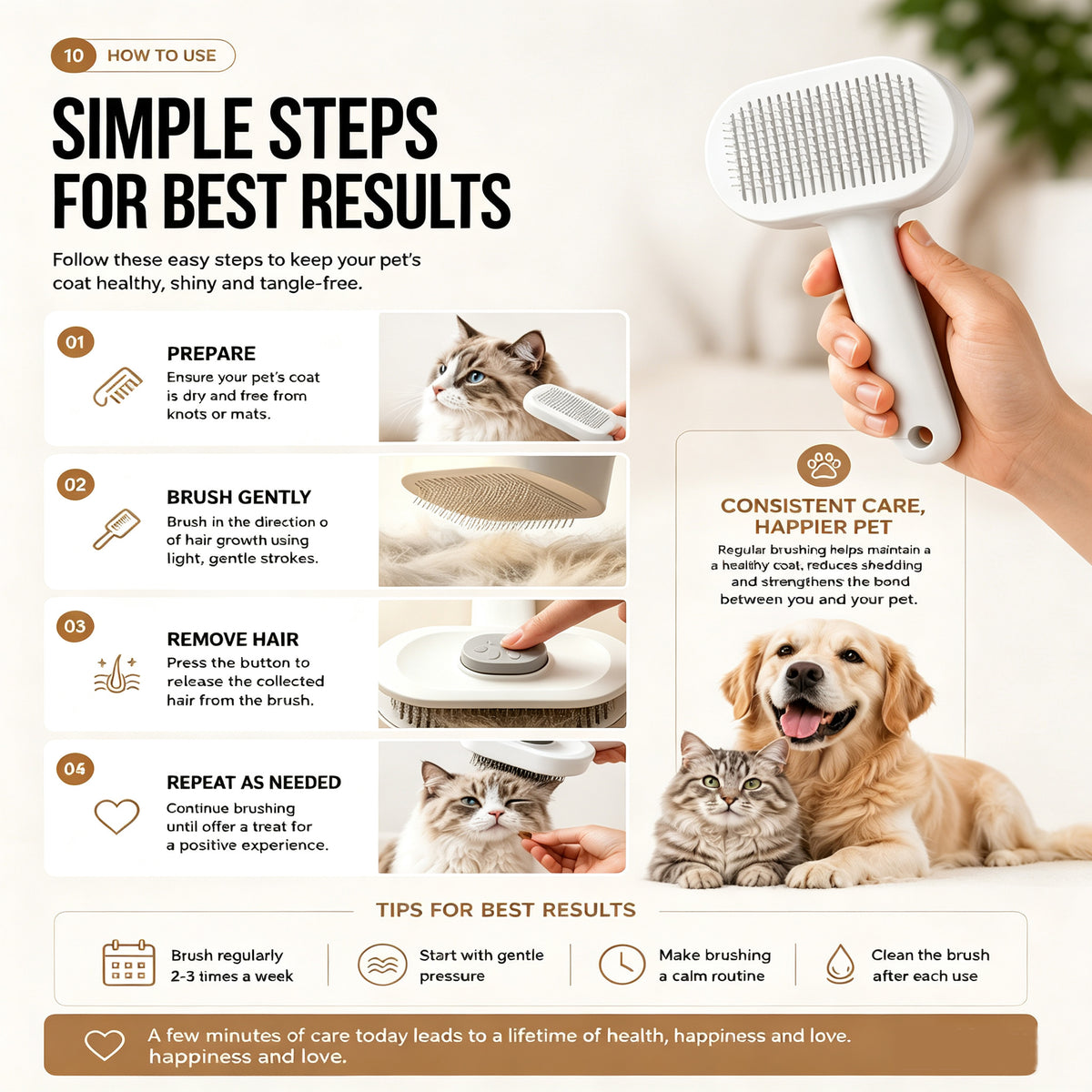 One-Click Self-Cleaning Slicker Brush for Cats & Dogs โ Stainless Steel Pins, White โ view 8