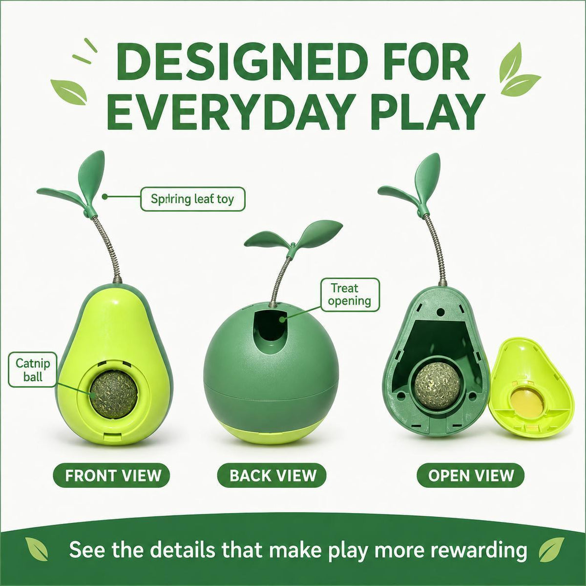 Avocado-Shaped Cat Tumbler Toy with Spring Feather Teaser and Removable Catnip Ball โ view 8