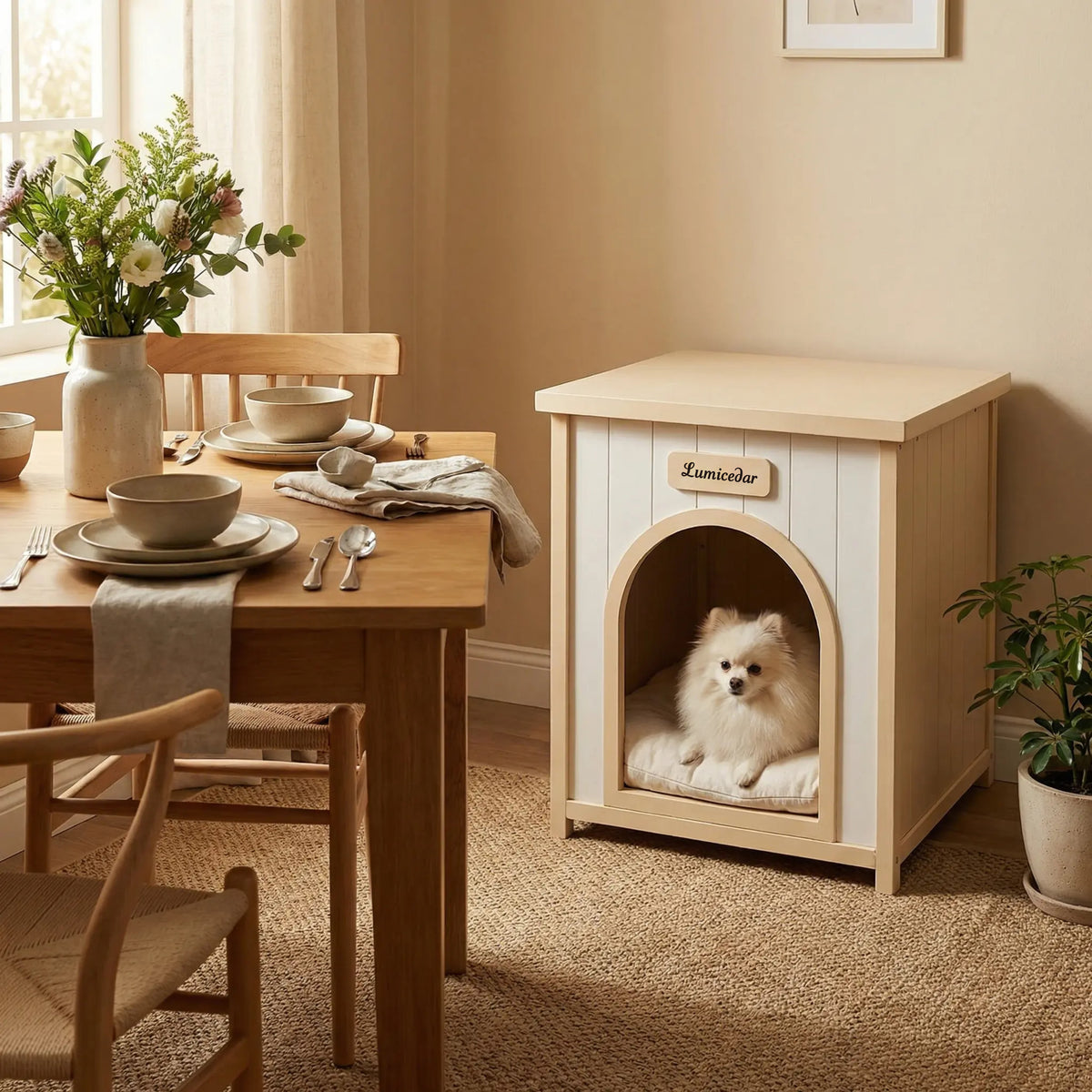 Solid Cedar Indoor Dog House โ Removable Cushion, Side Table Top, Cream White & Light Yellow โ view 10