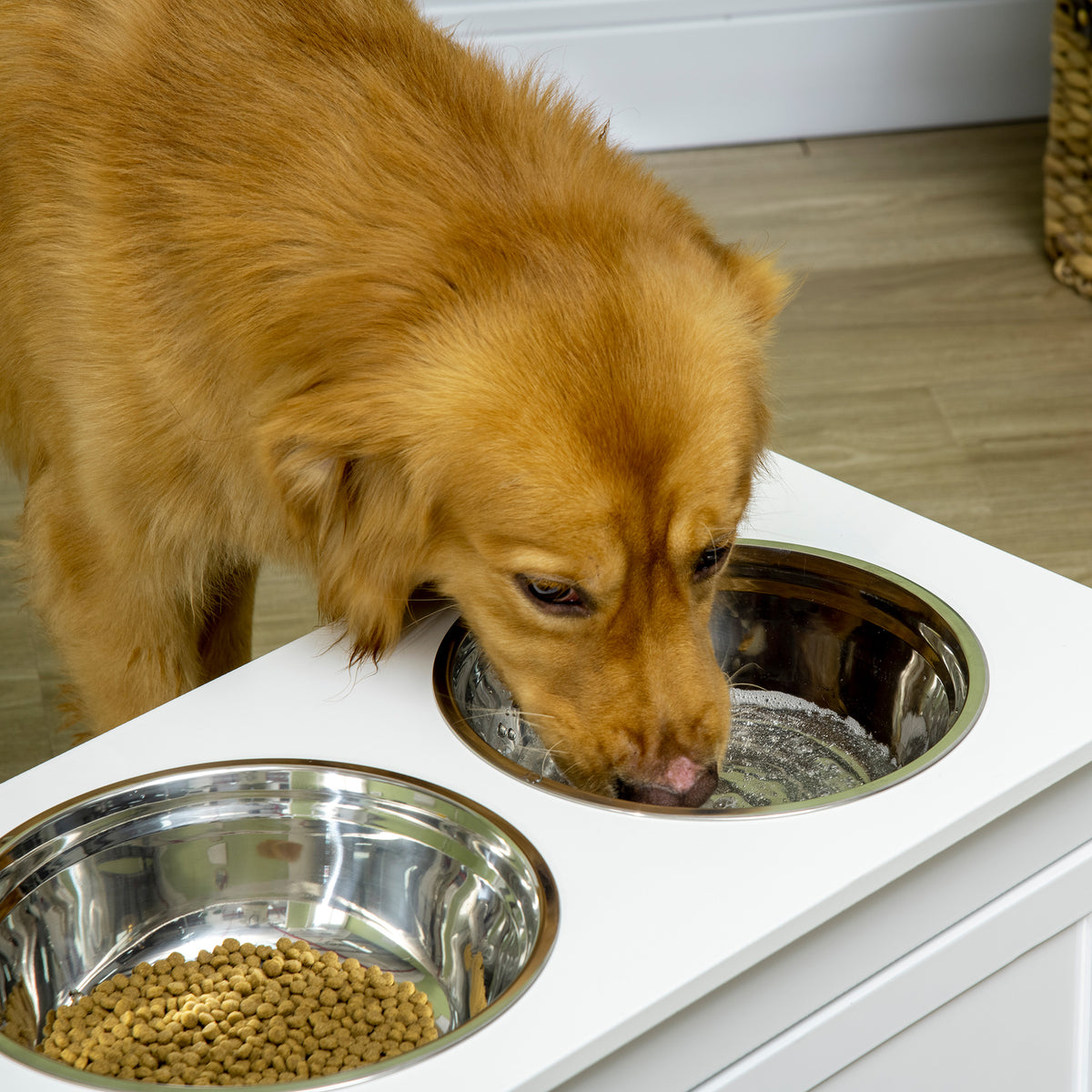 Elevated Dog Bowl Stand with 11L Storage Drawer & 2 Stainless Steel Bowls for Large Dogs, White โ view 7