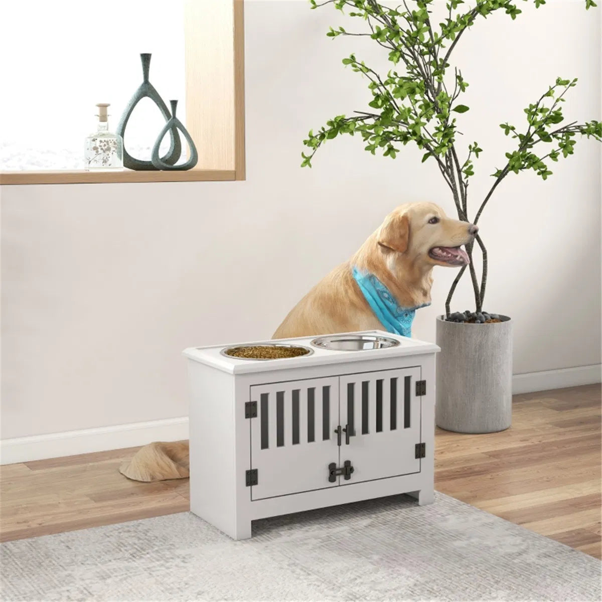 Elevated Dog Feeder Cabinet with 37 L Food Storage โ 2 Stainless Steel Bowls, White โ view 7