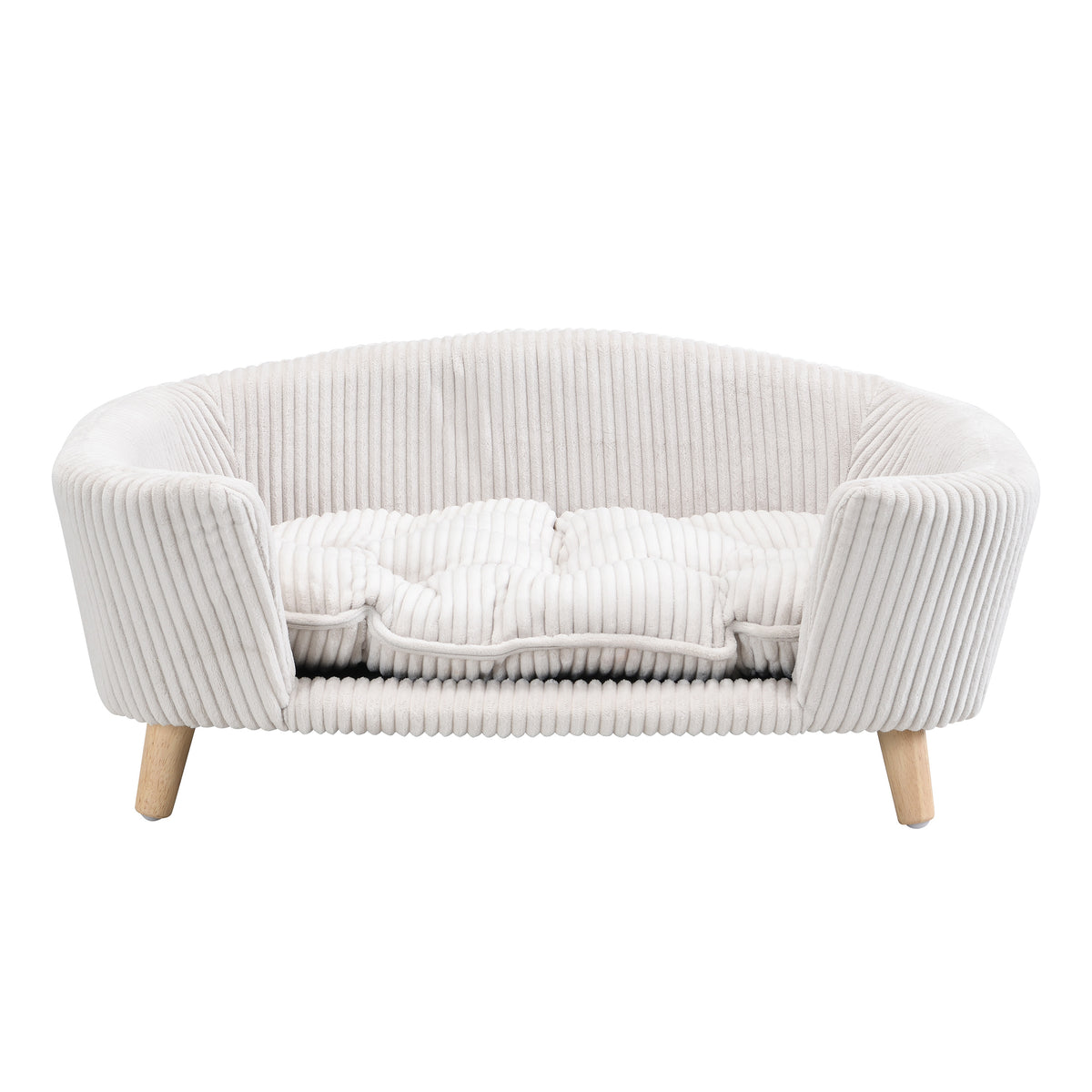 Elevated Dog Bed Frame for Small Dogs – Corduroy Pet Couch with Wood Legs, Beige – view 6