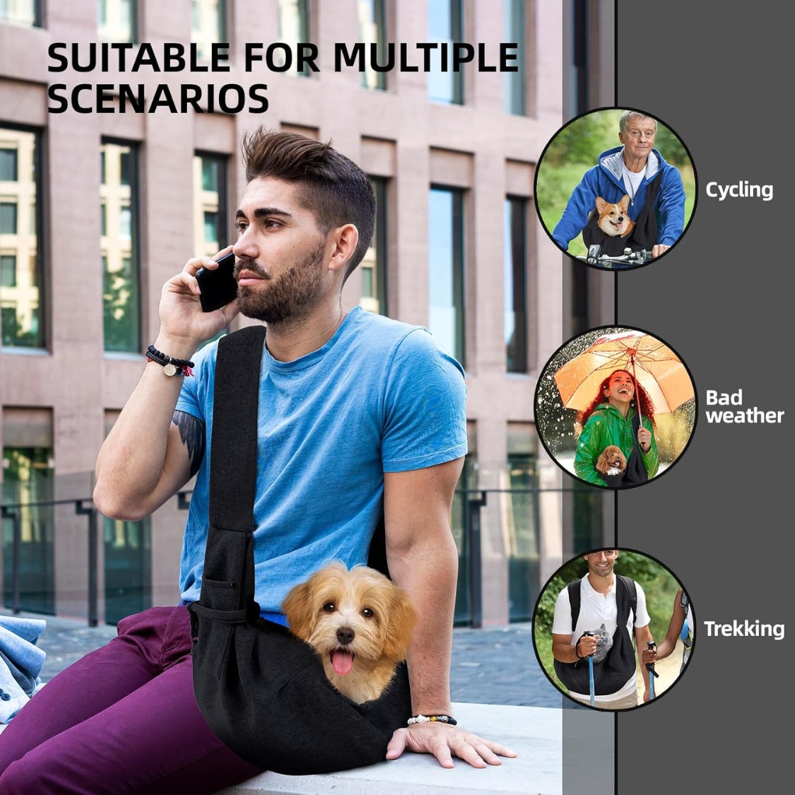 Reversible Dog Carrier Sling โ Hands-Free Puppy Purse with Storage Pocket for Pets Up to 12 lbs โ view 5