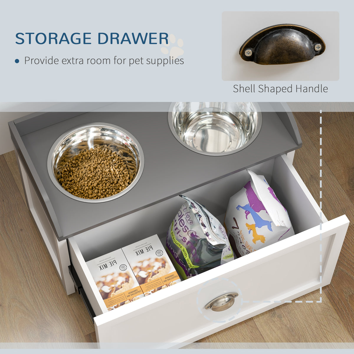 Elevated Dog Feeding Station with Sliding Storage Drawer – 2 Stainless Steel Bowls, White – view 5