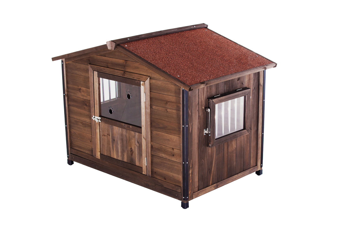 Wooden Cabin Dog House with Iron Frame โ Asphalt Roof, Covered Porch, Large Dogs, Antique Brown โ view 2