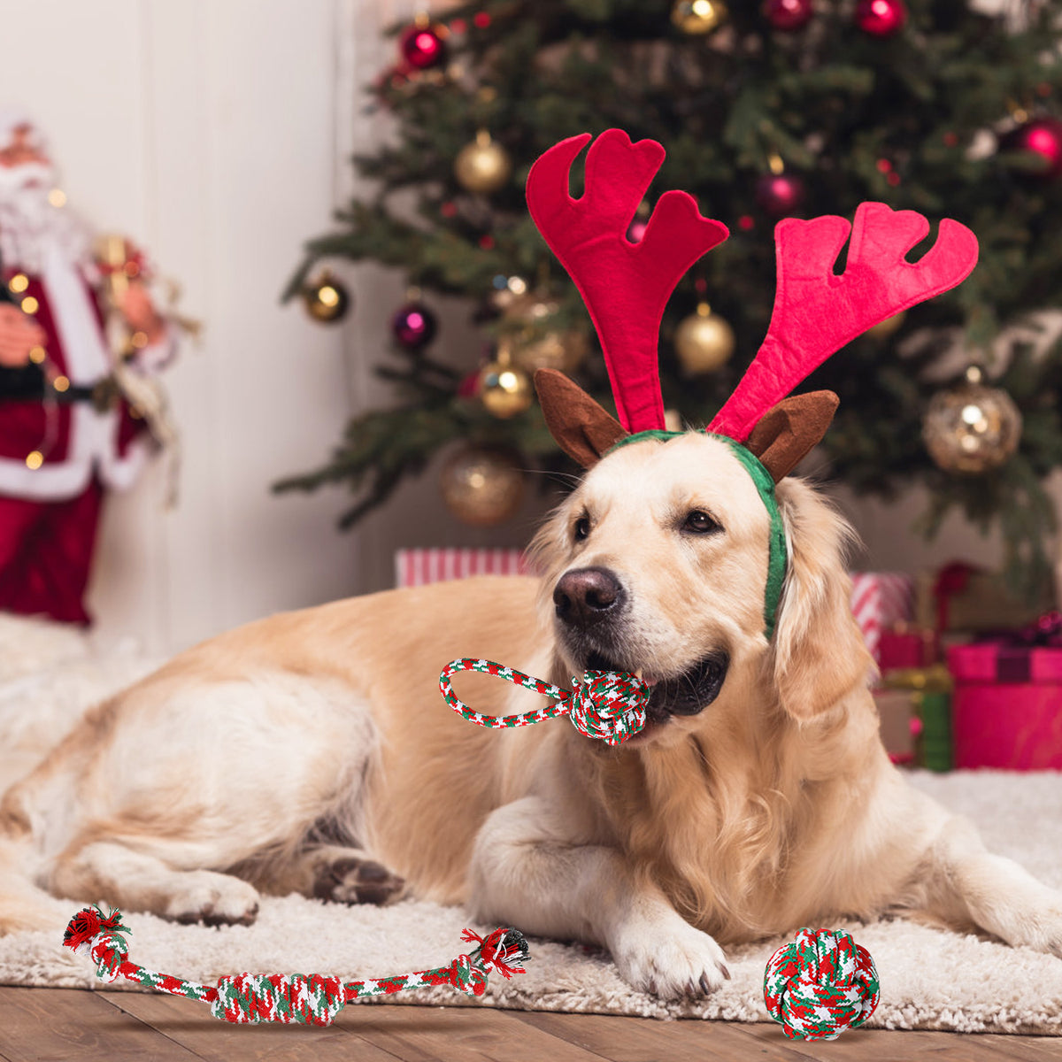 Christmas Rope Dog Chew Toys 5-Piece Set, Red, Green and White Cotton Knots and Ball โ view 9