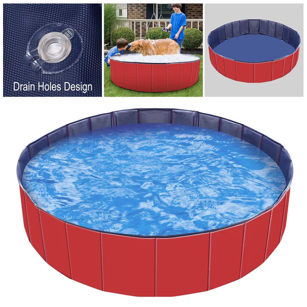 Foldable Dog Pool โ No-Inflate PVC Pet Bathing Tub with Drain, 63" x 11.8", Red or Blue โ view 7