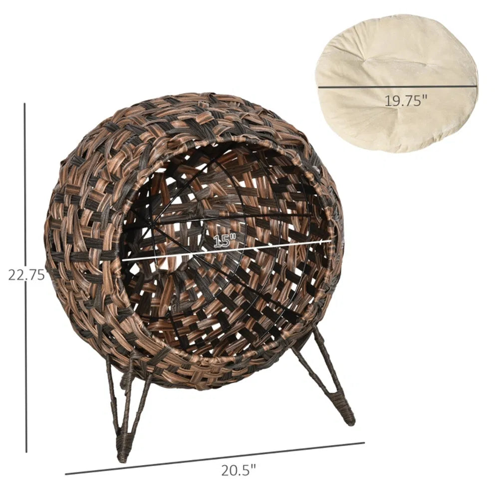 Elevated Wicker Cat House with Cushion โ Hand-Woven Water Hyacinth Cat Bed, Brown โ view 3