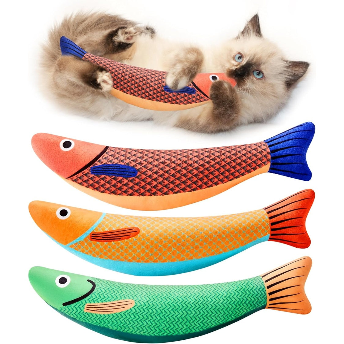 Catnip Saury Fish Kicker Cat Toys โ 3 Pack, Soft Plush with Crinkle Sound
