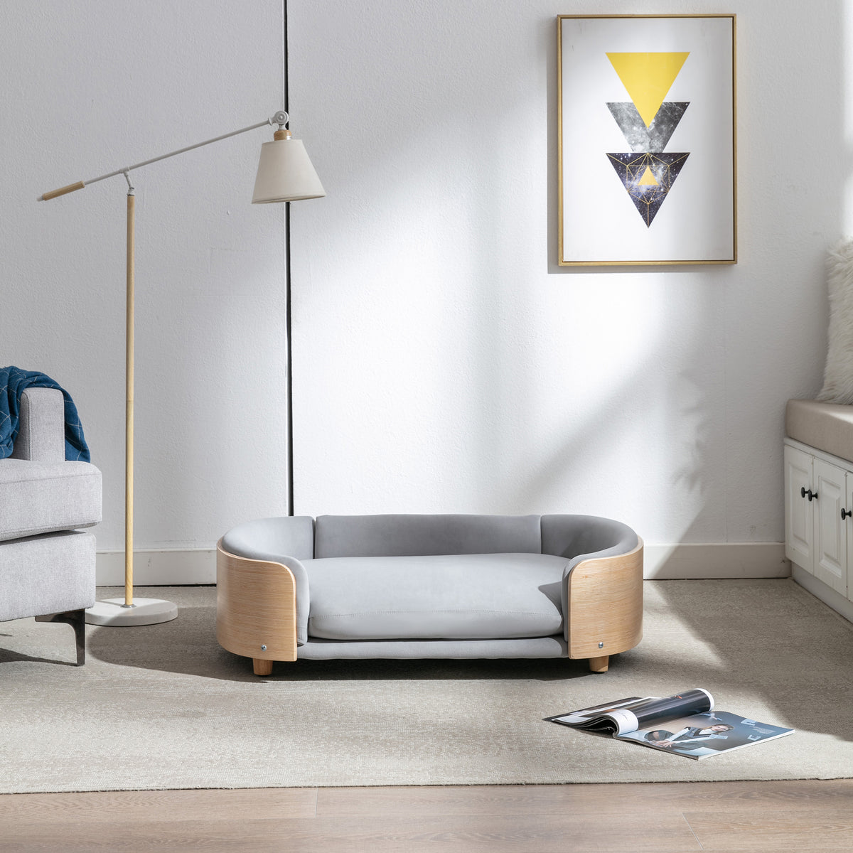 Scandinavian Elevated Dog Sofa Bed โ Solid Wood Legs, Bent Wood Back, Velvet Cushion, Light Grey โ view 4
