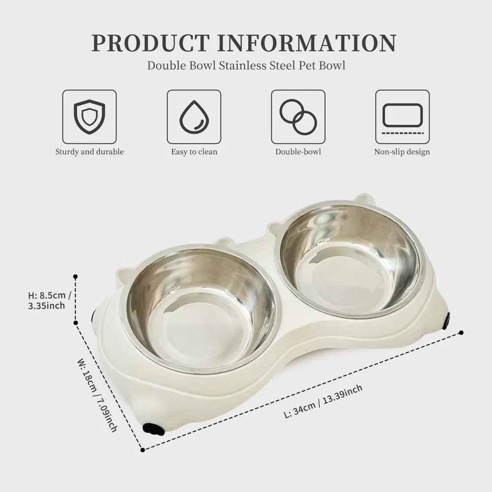 Double Stainless Steel Cat Food & Water Bowl Set with Non-Slip Base, White, 600 ml Each โ view 6