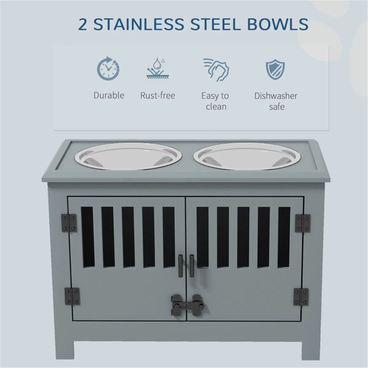 Elevated Dog Feeder Cabinet with 37 L Food Storage โ 2 Stainless Steel Bowls โ Gray