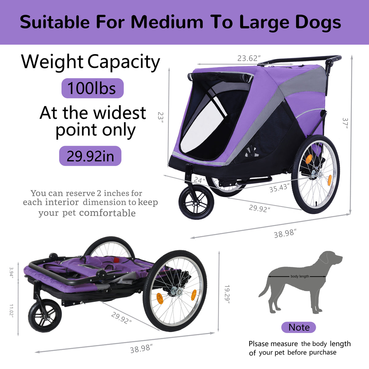 2-in-1 Dog Bike Trailer and Push Cart โ Quick-Release Wheels, Holds Up to 100 lbs, Purple and Black โ view 4