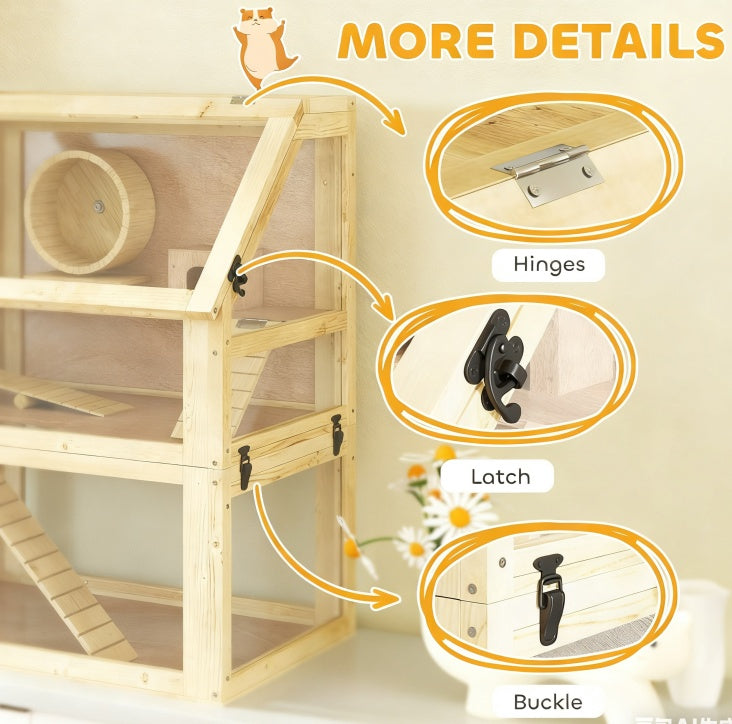 3-Tier Wooden Hamster Cage with Acrylic Panels, Exercise Wheel, Seesaw, Ramps and Hut โ view 4