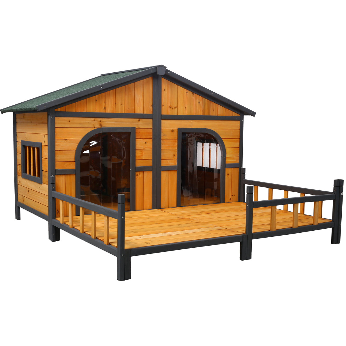 Wooden Double Dog House with Porch โ Elevated Floor, Weatherproof Outdoor Kennel โ view 3
