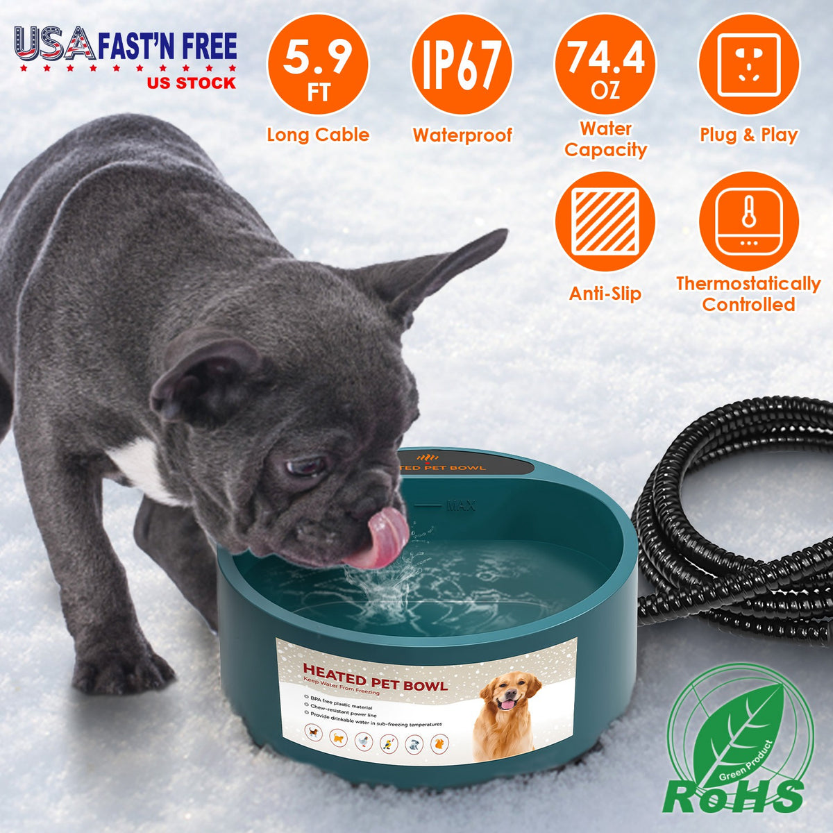 Heated Pet Water Bowl, 74.4 oz Thermostatic Winter Water Dish for Dogs, Cats & Rabbits, Army Green